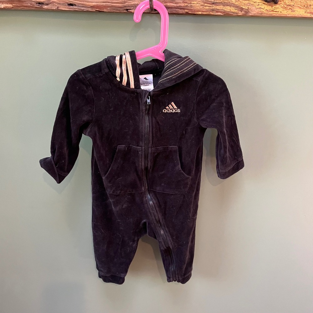Adidas‎ Baby Velour Hooded Tracksuit Jumpsuit Black Gold 12 Months